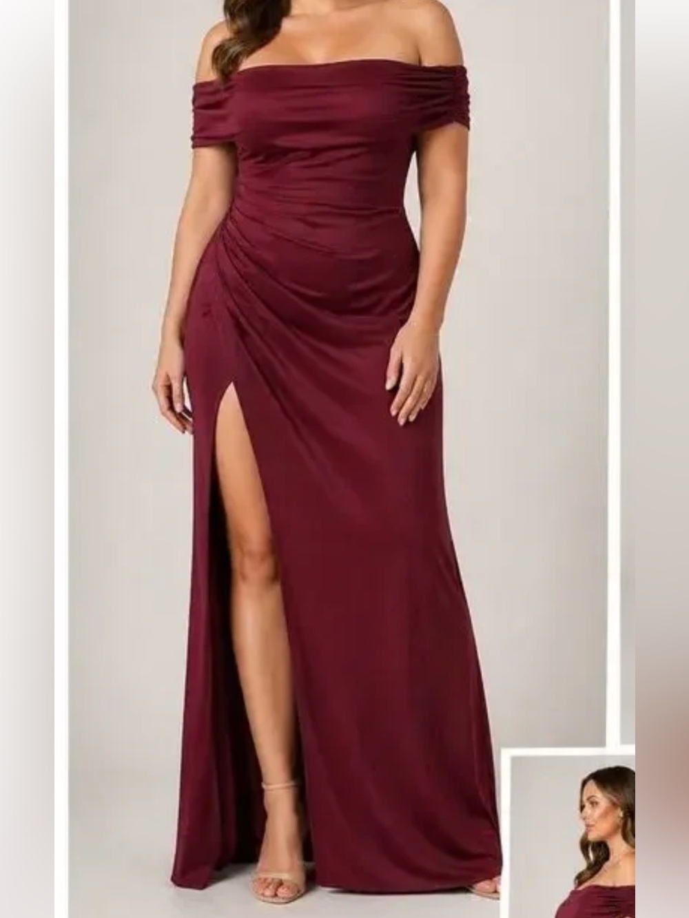 Off-Shoulder Ruched Burgundy Evening Dress with Side Thigh Slit